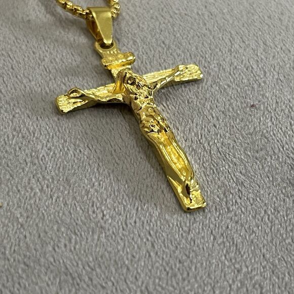 GOLD Tone  INRI CRUCIFIX Cross on 24” Palma CHAIN Christian Jesus Catholic - Picture 7 of 7